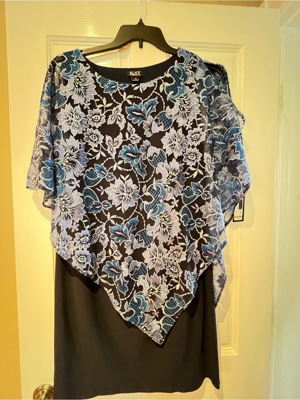 SLNY Black Dress with Blue and White Floral Overlay